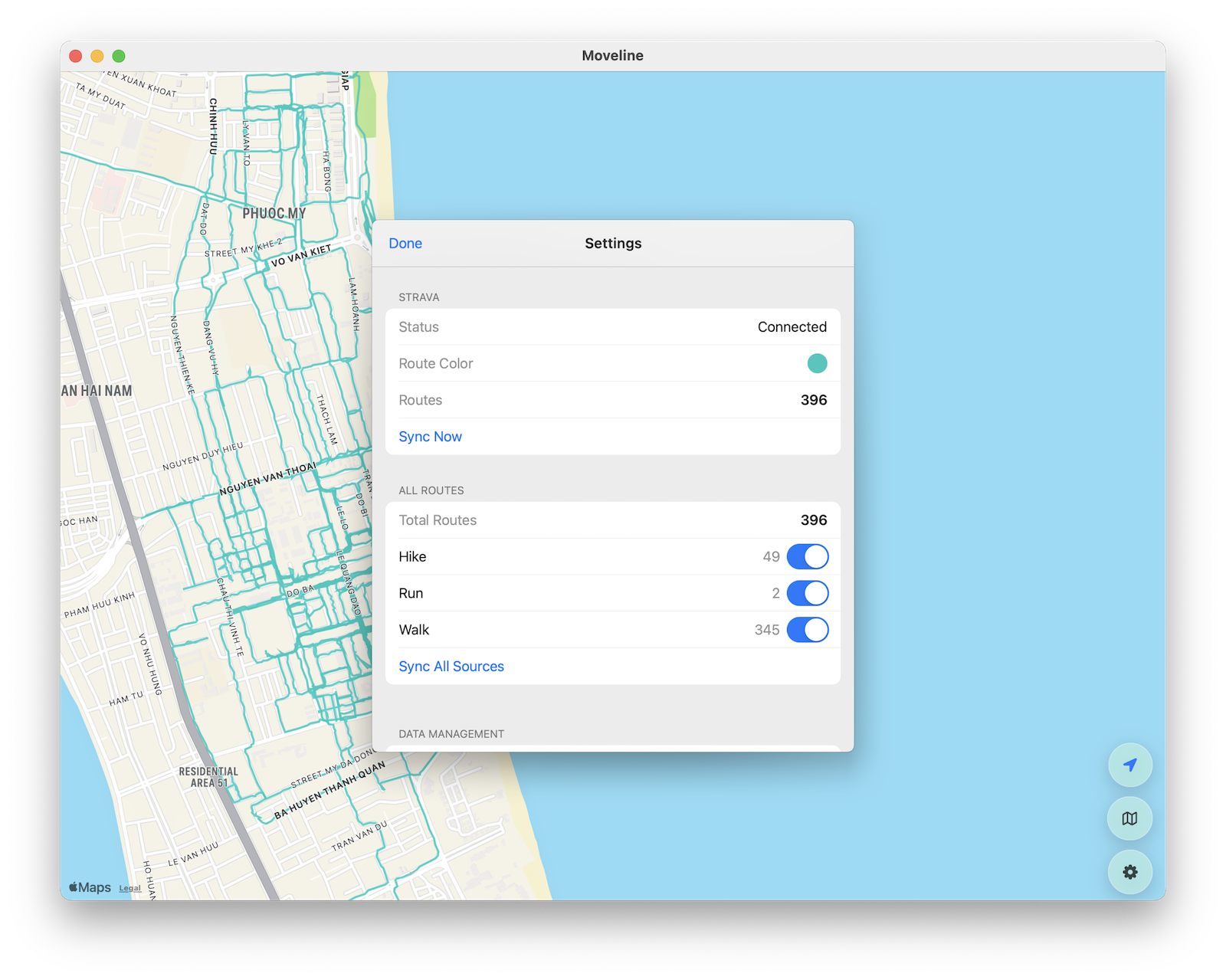 Moveline map view of Vancouver routes